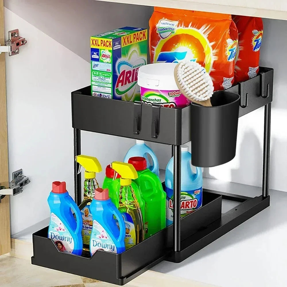 2-Tier Sliding Under Sink Organizer, Sliding Cabinet Basket with Hooks